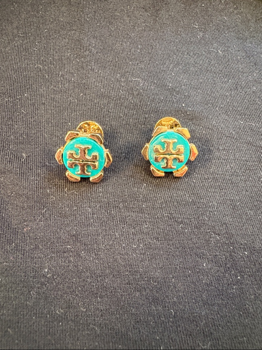 Tory Burch Gold and Turquoise Enamel Logo Studs